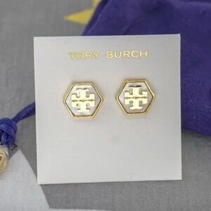 Tory Burch Hex Stud Earrings in Ivory Mother of Pearl (Brand New)